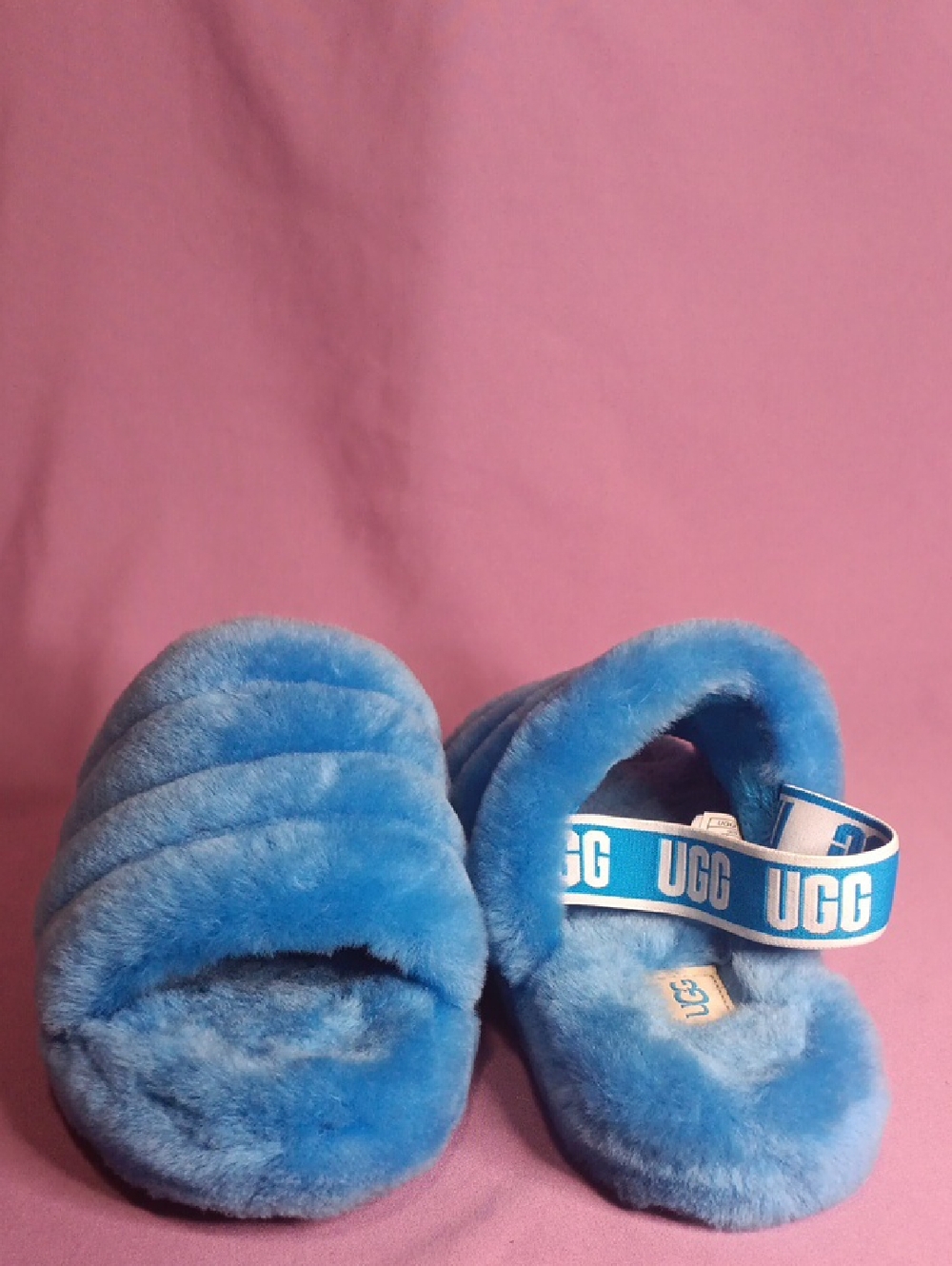 UGG  Blue Plush Slide Slippers with Branded Heel Strap